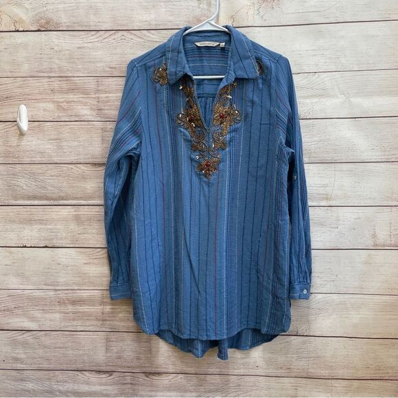 SOFT SURROUNDINGS EMBELLISHED TUNIC TOP IN BLUE COTTON - Picture 1 of 6